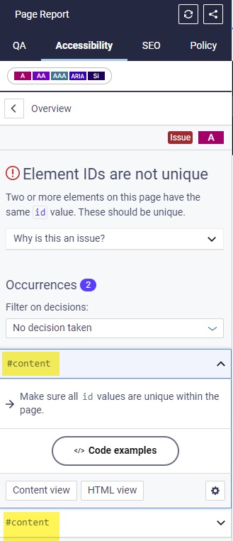 Siteimprove report showing duplicate ID 's