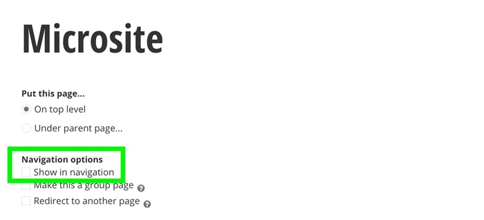 Microsite settings: uncheck show in navigation