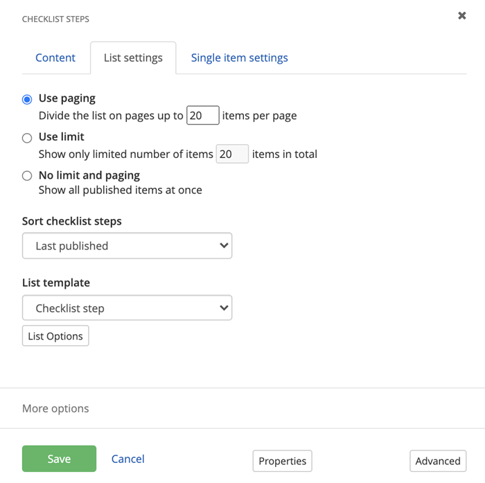 checklist steps list settings