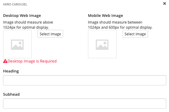 Hero carousel image and heading settings 