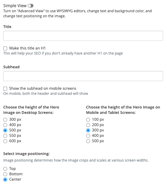 Hero Image - Simple view title, subhead, image height and positioning