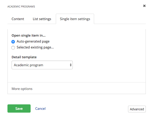 List Settings for Academic Program Widget