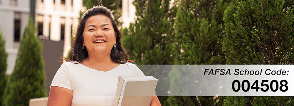 female student holding book with text on photo: FAFSA School Code – 004508