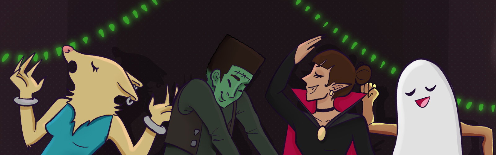 Graphic of a werewolf, Frankenstein, a vampire, and a ghost dancing