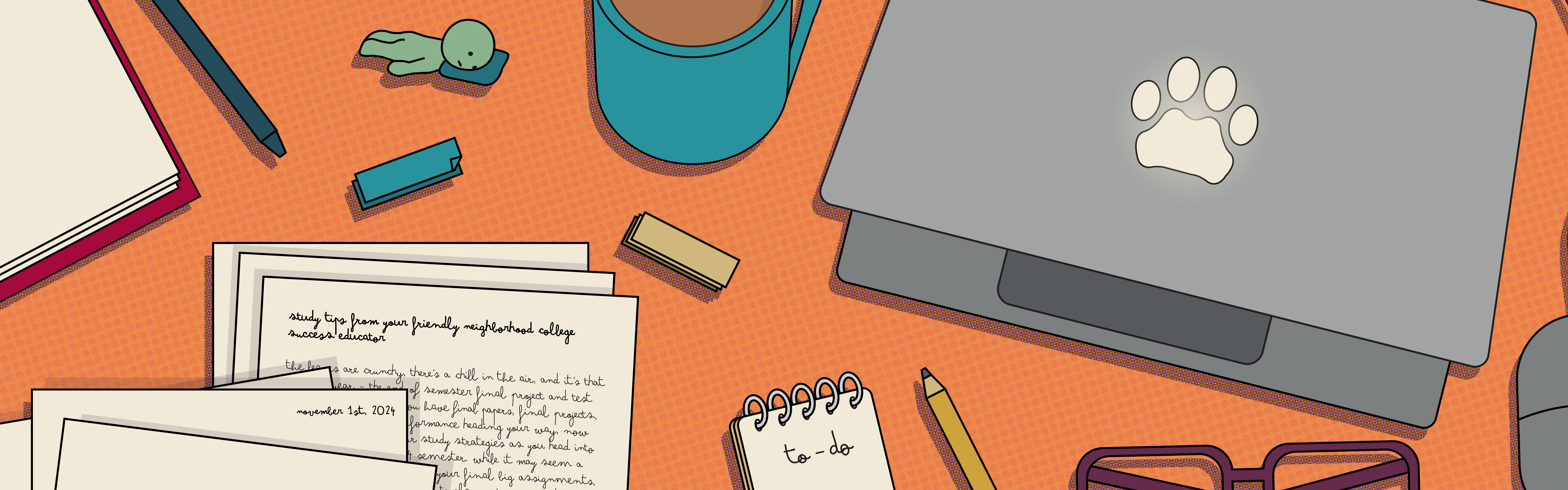 Graphic of desk top with notes, sticky notes, a coffee mug, a pen, a pencil, a Smiski, glasses, and a laptop