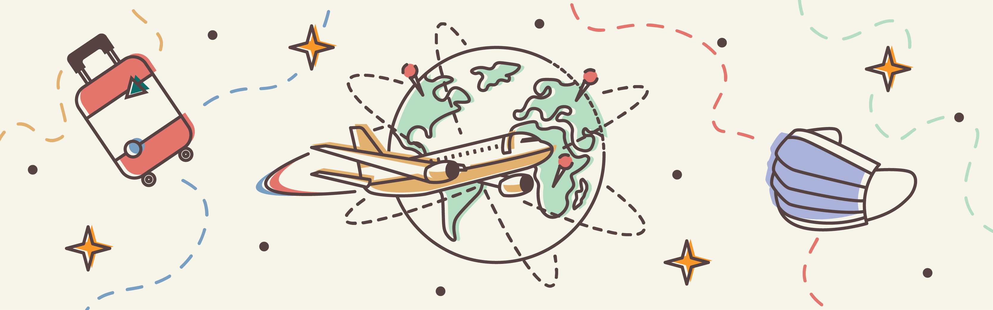 Graphic of luggage, plane flying around globe, and face mask