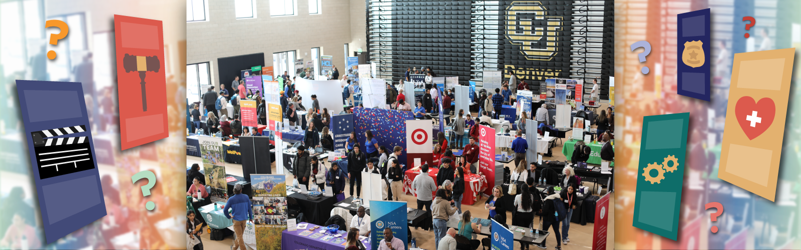 Photo of CU Denver's Internship & Job Fair with career brochure and question mark graphics