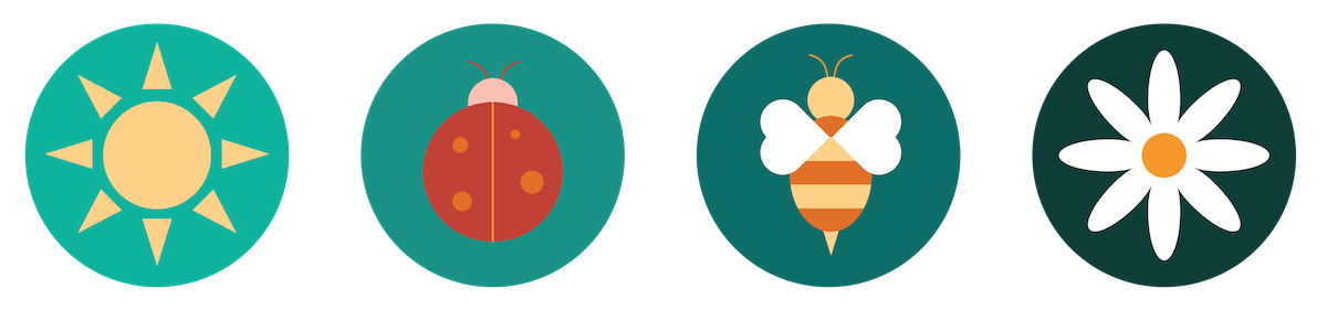 Colorful set of spring themed icons including an image of the sun, a ladybug, a bee, and a flower