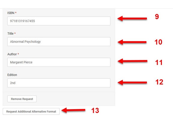 Screenshot of ISBN, Title, Author and Edition form fields with arrows pointing to each of these sections.