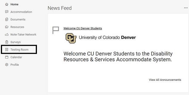 Student main menu in Accommodate with a black rectangle around the Testing Room link
