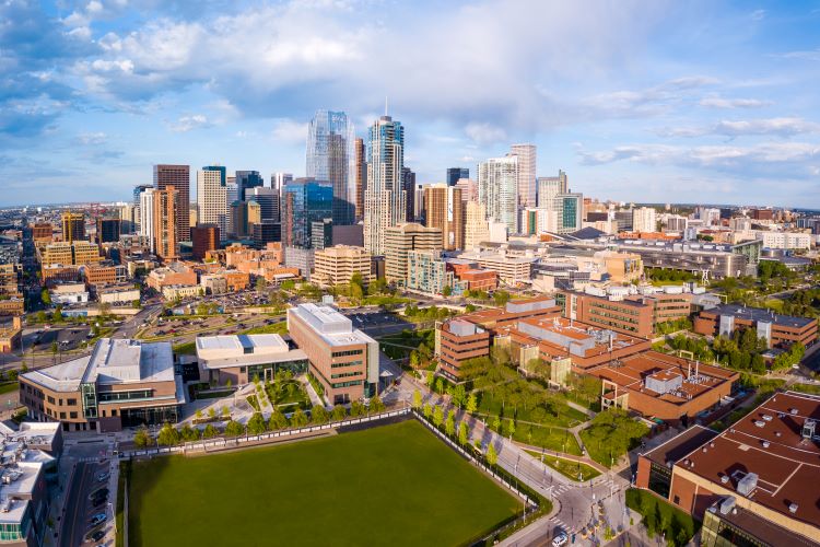 Aerial shot of Denver skyline