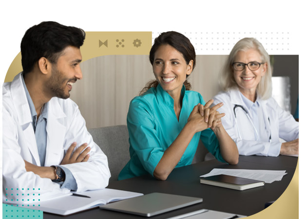 Happy laughing hospital staff team of different age gender speciality start workday from briefing discuss schedule