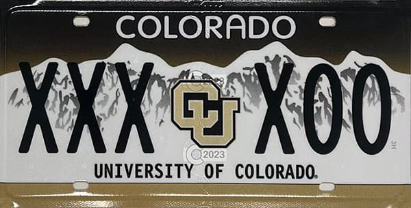 Colorado specialty license plate for University of Colorado featuring the gold interlocking CU.