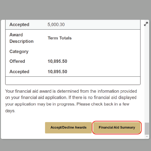 The term totals presented after selecting an aid year within the financial aid section of UCDAccess