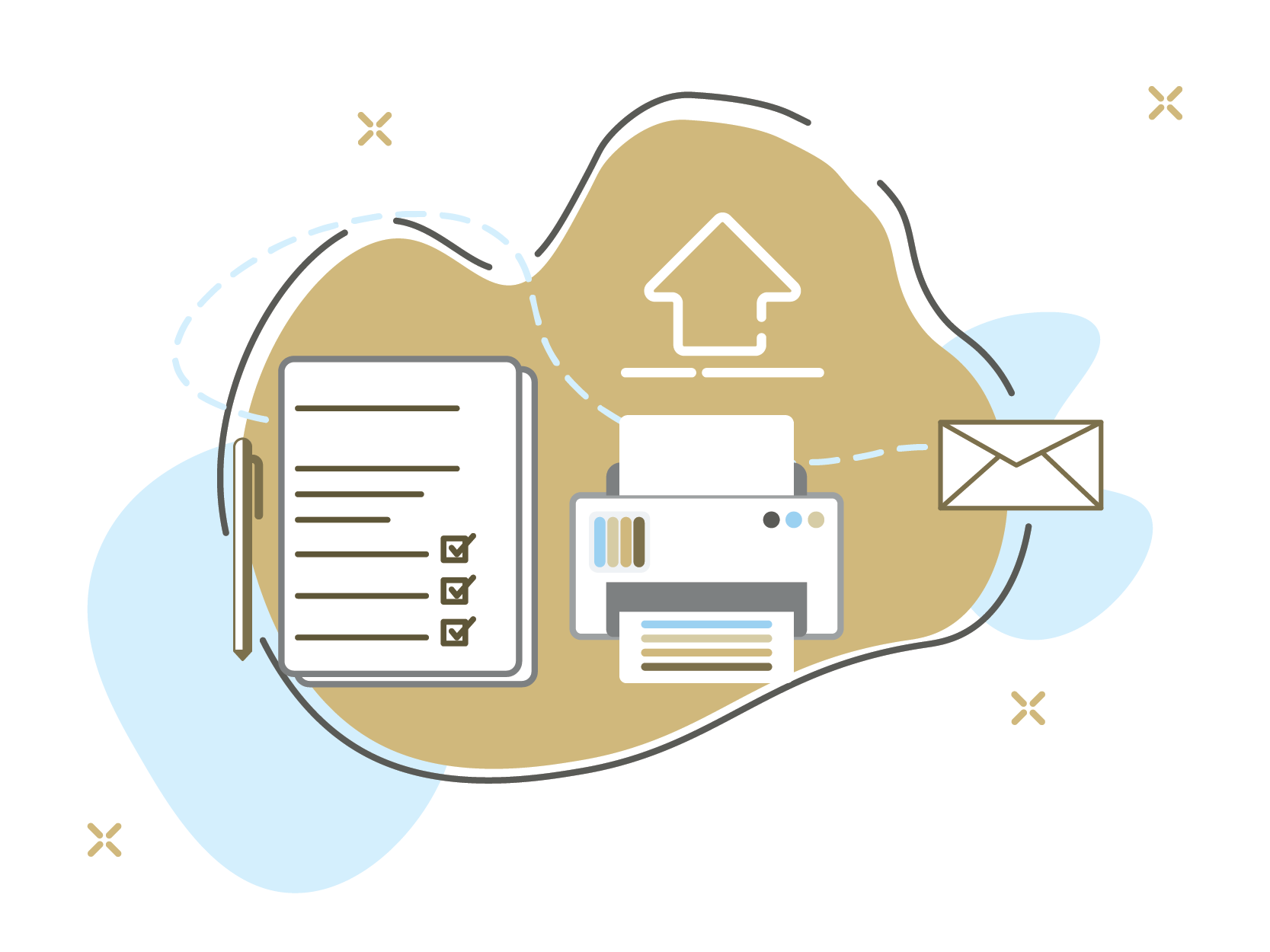 Illustration of a planner with a printer and envelop representing the forms process