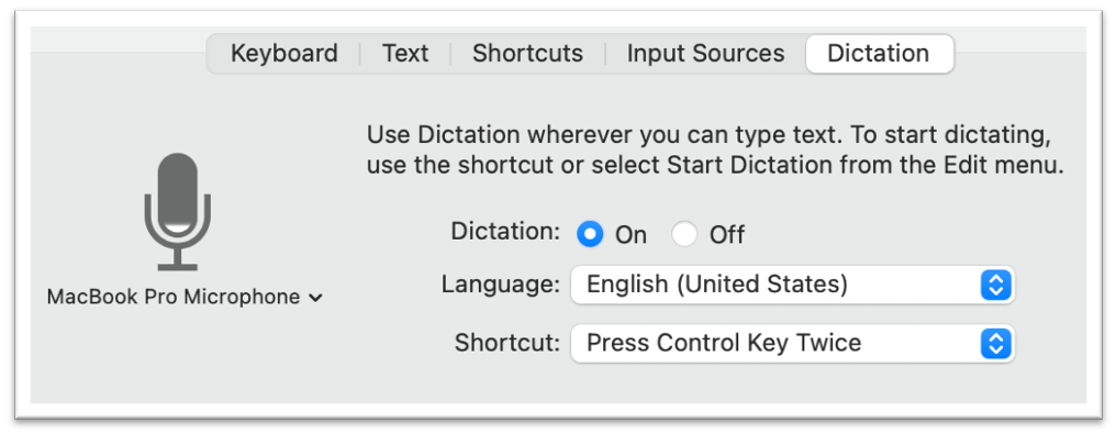 dictation setting