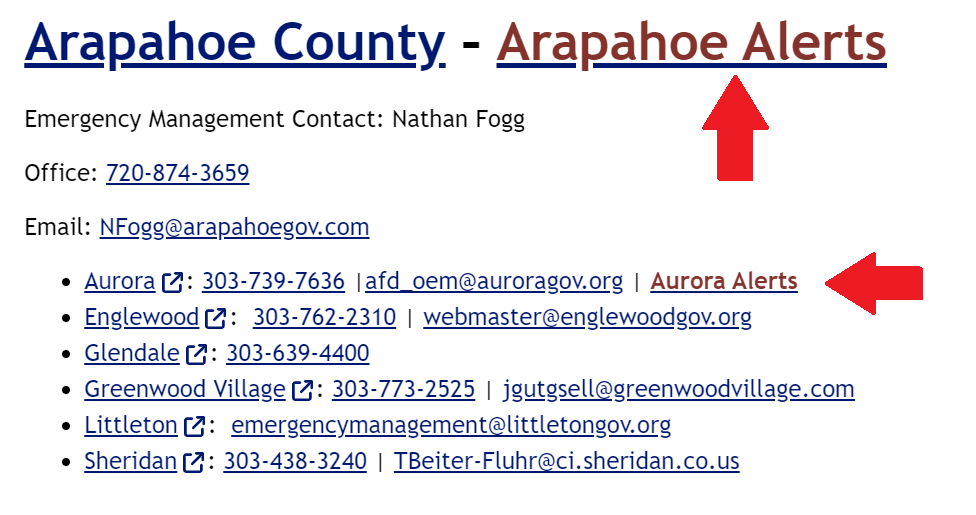 Sample Alert Information for Arapahoe County with arrows pointing to sign up links. 