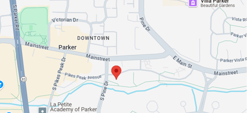 Map of Parker with the PACE Center located just east of downtown at the corner of Pikes Peak Ave and S Pine Dr