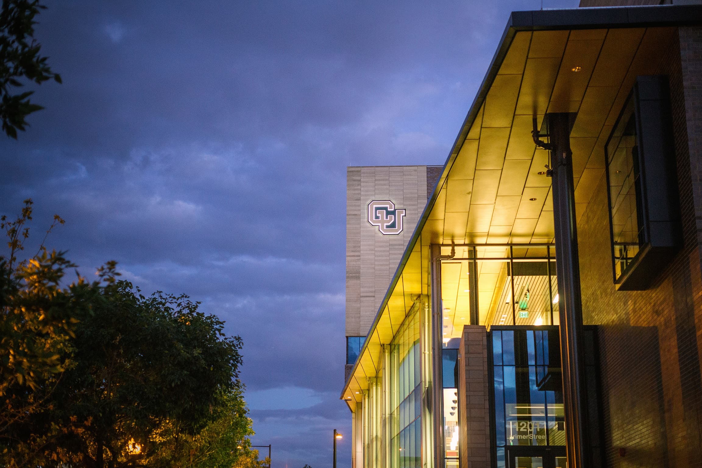 Student commons building at night